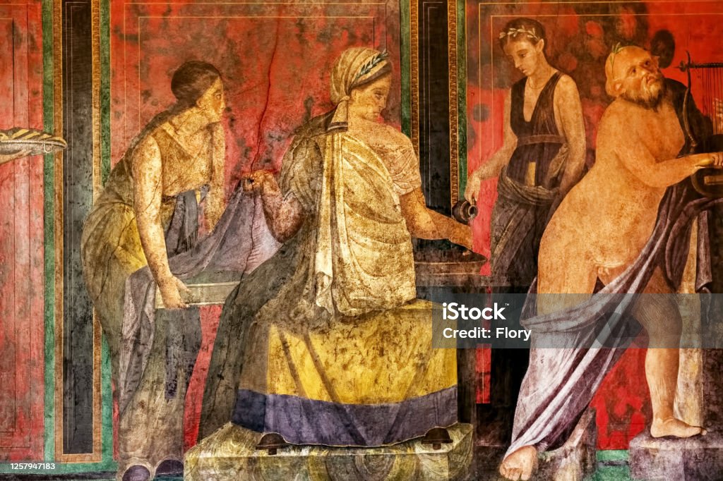 Ancient Roman fresco in Pompeii showing a detail of the mystery cult of Dionysus Ancient Roman fresco in Pompeii showing a detail of the mystery cult of Dionysus. Pompeii destroyed by the eruption of Vesuvius in 79 BC Pompeii Stock Photo