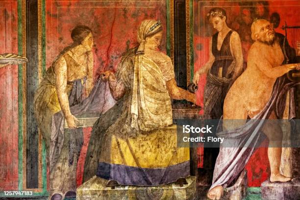 Ancient Roman Fresco In Pompeii Showing A Detail Of The Mystery Cult Of Dionysus Stock Photo - Download Image Now