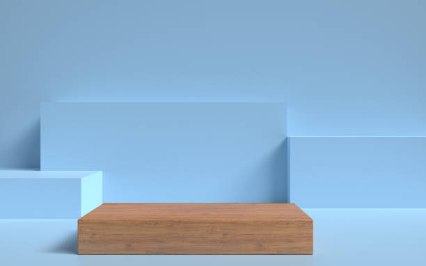Minimal Abstract Empty Podium Scene with Wood Stand on Blue Background Minimal abstract empty podium scene concept on blue background with empty wood podium stand for presentation, exhibition, showcase and display. stage show floor. Abstract backgrounds and art concepts. Easy to crop for all print and social media sizes. Copy space. awards ceremony photos stock pictures, royalty-free photos & images