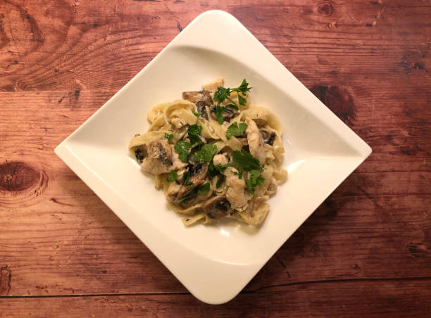 istock Creamy tagliatelle pasta with mushrooms and chicken. 1257950597