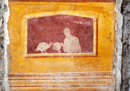 Ancient fresco in a house in Pompeii, Pompeii destroyed by the eruption of Vesuvius in 79 BC