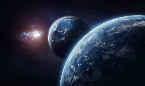 istock Earth and other planet with atmosphere in deep space. Galaxy on the background. Civilization. Elements of this image furnished by NASA 1257952947