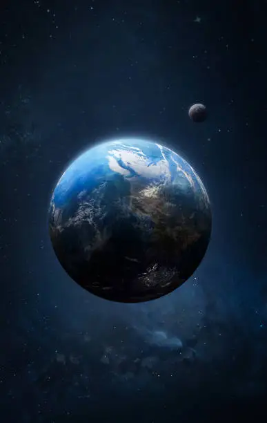 Photo of Earth and moon in the space vertical wallpaper. Deep outer cosmos. Elements of this image furnished by NASA