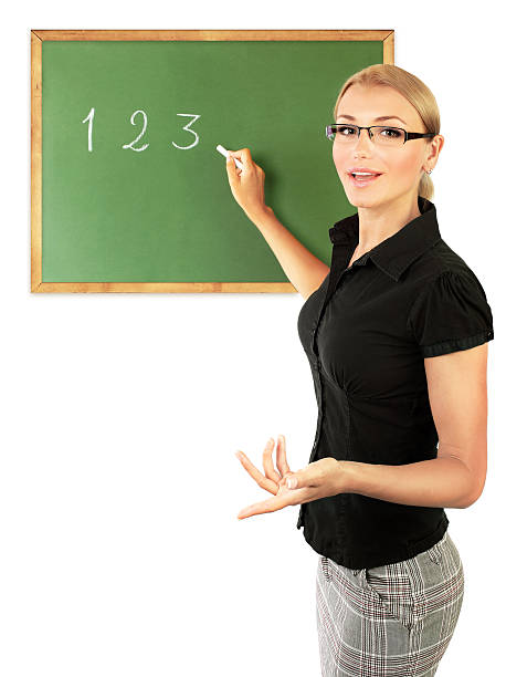 junge lehrer schreiben zahlen - blackboard writing chalk teacher stock-fotos und bilder