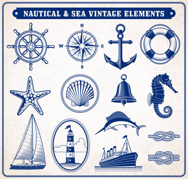 set von maritimen, maritimen oder nautischen ikonen - wasserfahrzeug stock-grafiken, -clipart, -cartoons und -symbole