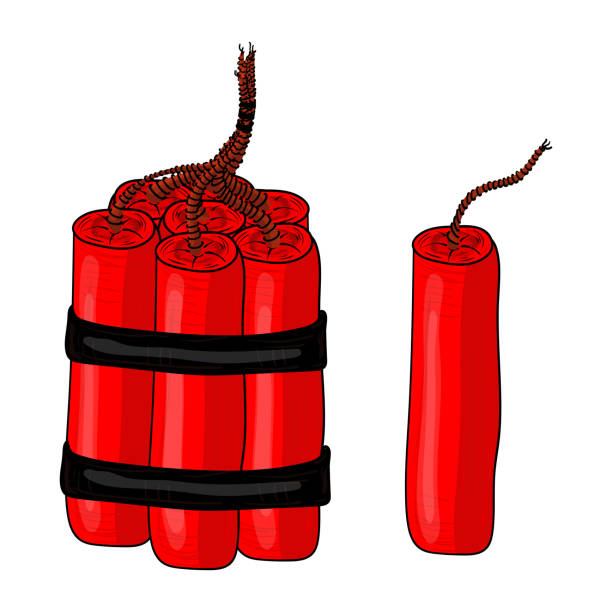 набор красных динамитных палочек с фитилем, изолированных на белом фоне - pyrotechnics fuse white boom stock illustrations