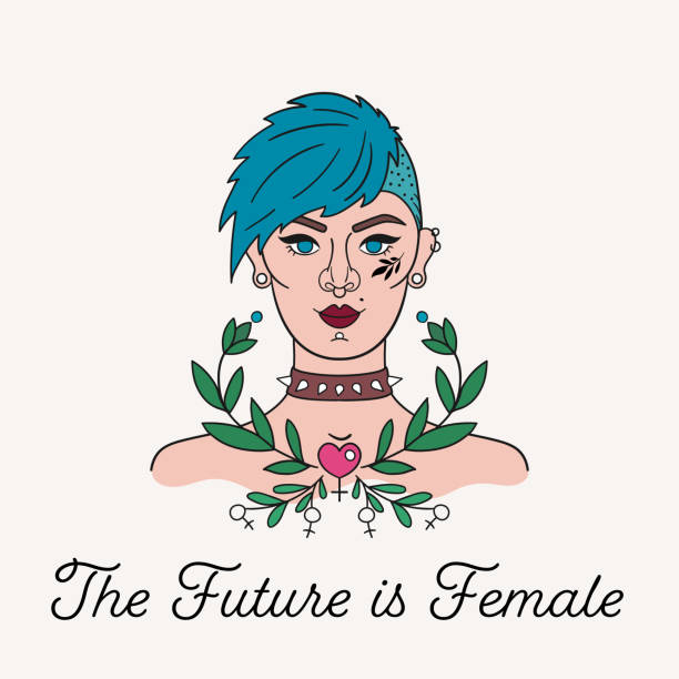 ilustrações, clipart, desenhos animados e ícones de garota punk tatuada com slogan feminista e plantas. cartão de saudação de desenho manual, capa ou impressão - tattoo punk women pierced