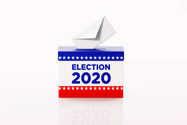 Election 2020 written ballot box and white envelope sitting on white background. Horizontal composition with clipping path and copy space. 2020 US Presidential Election concept.