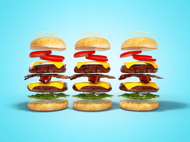 istock Set of three hamburgers disassembled 3D render on blue background with shadow 1257959343