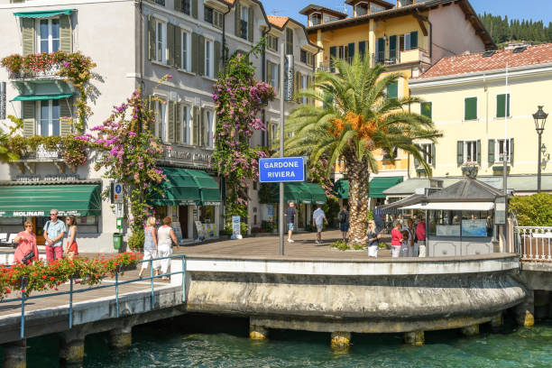 Gardone Riviera, Lake Garda, Italy - September 2018:  Sign on the ferry landing point in Gardone Riviera.