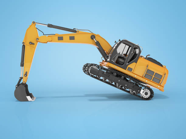istock 3d rendering concept work orange crawler excavator left view on blue background with shadow 1257959884