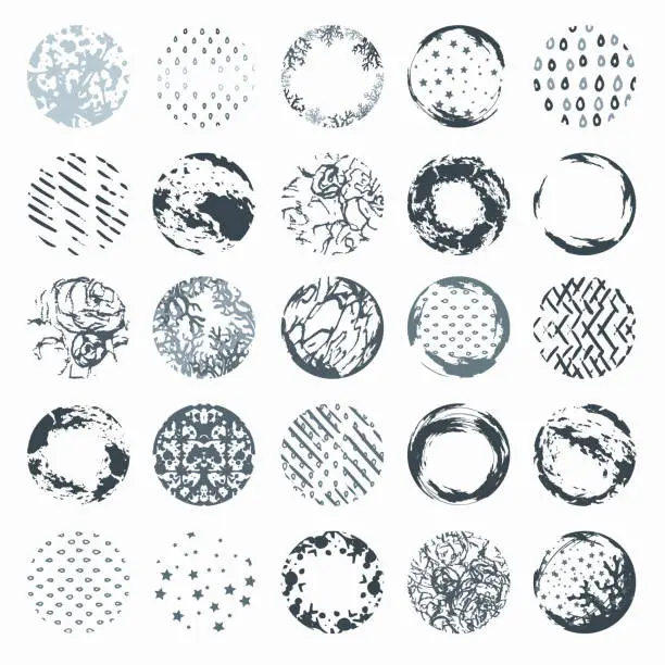 Vector illustration of Abstract various decorative design elements set. Grunge style monochrome circle gray color textures.