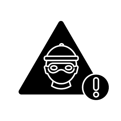 Cyber crime black glyph icon. Hacker attack. Internet fraud threat. Information stealing alert. Data phishing warning. Silhouette symbol on white space. Vector isolated illustration