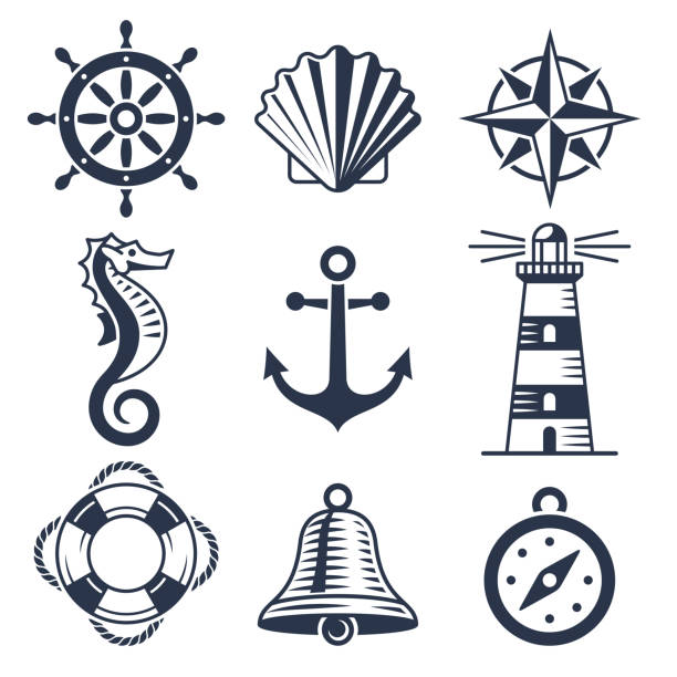 набор морских, морских или морских иконок - nautical vessel buoy symbol computer icon stock illustrations