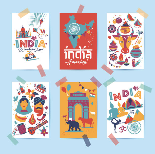 ilustrações de stock, clip art, desenhos animados e ícones de india set asia country vector indian architecture asian traditions buddhism travel isolated icons and symbols in 6 cards. - lotus mahal