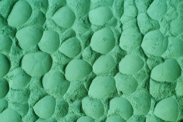 istock Green cosmetic clay powder (kelp facial mask, spirulina body wrap) texture close up, selective focus. Abstract background. 1257965718