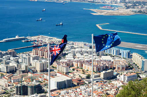 Gibraltar - 16th June, 2022: British Airways aircraft taxis on the Gibraltar airstrip that protrudes into the sea. Gibraltar is a British Overseas Territory