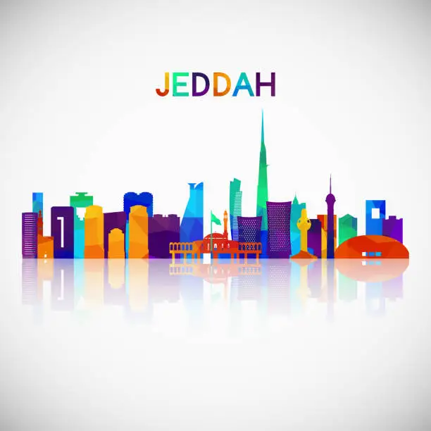 Vector illustration of Jeddah skyline silhouette in colorful geometric style. Symbol for your design. Vector illustration.