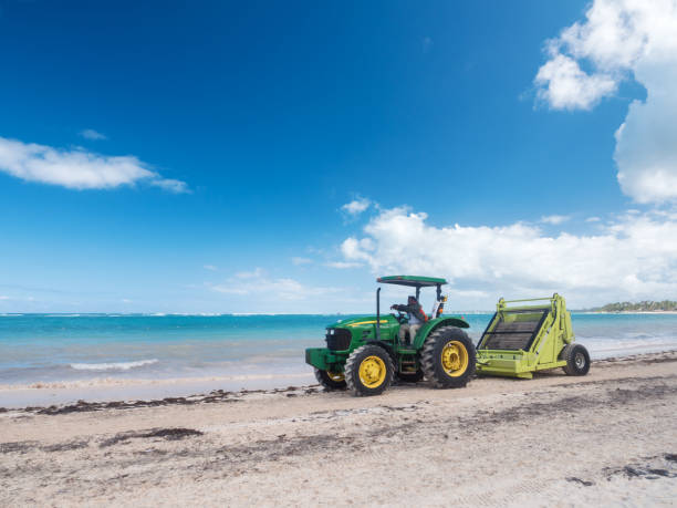 Bavaro, Punta Cana, Dominican Republic - 24 January 2019: Cleaning sargassum algae on tropical coastline by tractor with Barber Surf Rake. Caribbean ecology problem. The Barber Surf Rake is the most popular tractor-towed beach cleaner in the world