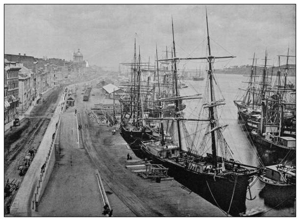 Antique black and white photo: River front, Montreal Antique black and white photo: River front, Montreal quebec photos stock illustrations