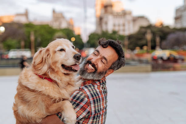 Senior Latino man hugging his senior Retriever dog Mature Latino man with beard any stylish casual clothing in springtime day in Buenos Aires, Argentina walking his Retriever dog mature adult walking dog stock pictures, royalty-free photos & images