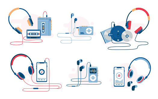 Music player evolution vector illustration. Set of retro and modern music listening devices. Cassette and cd player, smartphone with wire earphones and wireless headphones. Sound history.