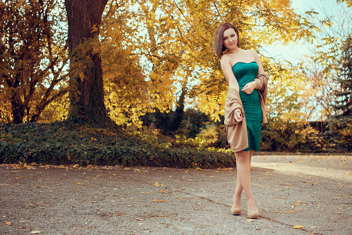 portrait of a beautiful young woman in a autumn park. pictures in warm colors. magical walk in the autumn park