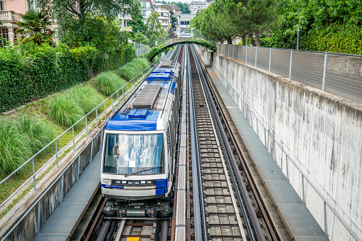 Lausanne Switzerland , 25 June 2020 : Top view of Lausanne Metro train on M2 line an urban rail transport system in Lausanne Vaud Switzerland