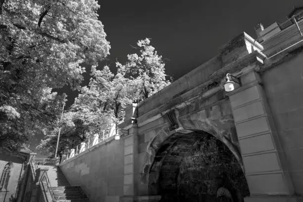 An old fountain in Nydeggstalden close to the Zäringer monument in the middle of Bern, capitol of Switzerland. dramatic infrared colorless black and white.