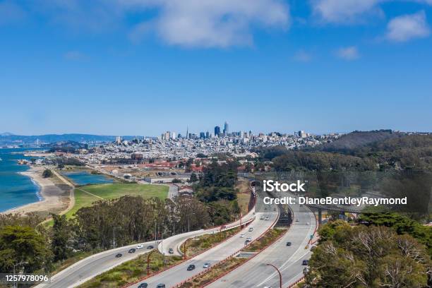 Aerial View Of San Francisco Skyline Stock Photo - Download Image Now - Multiple Lane Highway, The Presidio, San Francisco - California