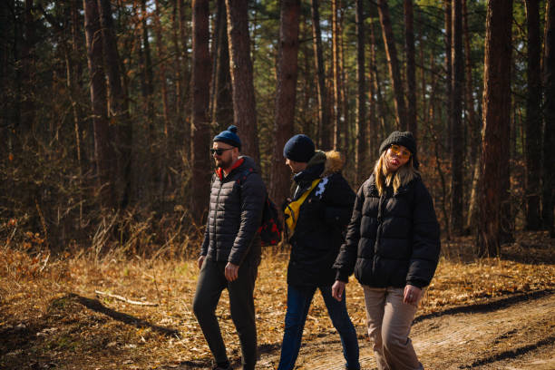 istock Happy friends walking around sunny forest 1257982938