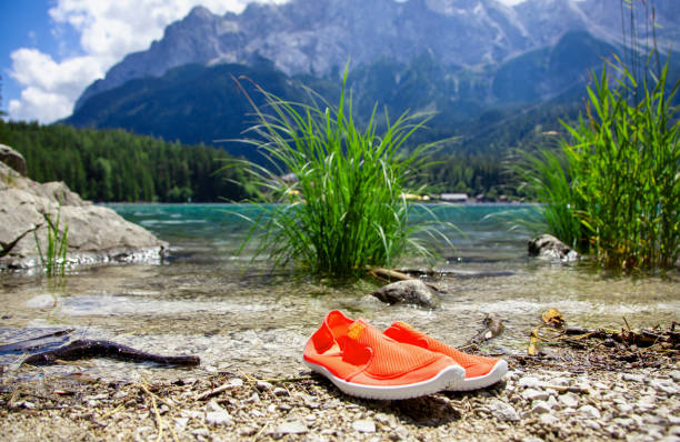bathing shoes on lake eibsee bavaria germany - wetterstein mountains bavaria mountain forest imagens e fotografias de stock