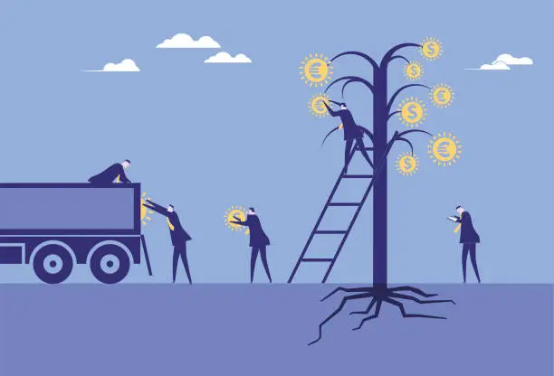 Vector illustration of Merchants harvest wealth and move them by truck