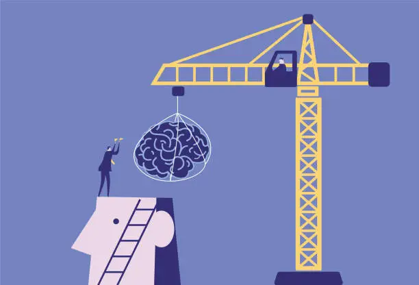 Vector illustration of Businessmen use cranes to install brains for giants