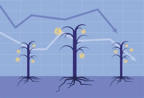 Vector illustration of Money tree production cut, stock market fell