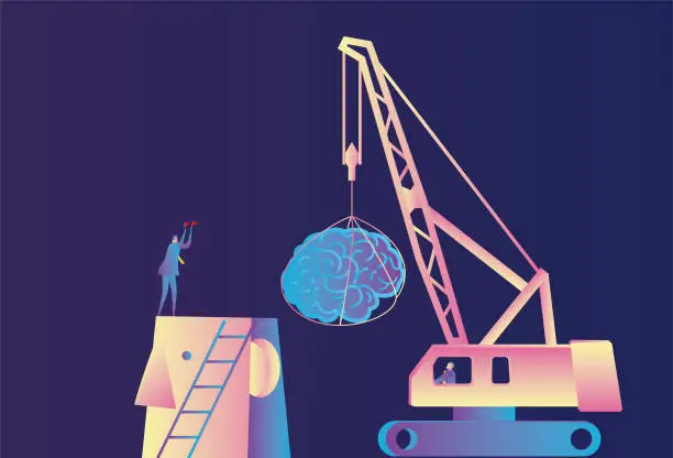 Vector illustration of Businessman uses a crane to install the brain for the giant