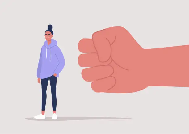 Vector illustration of Modern society problems, a giant clenched fist attacking a young female character, a gender discrimination