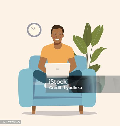 istock Young  afro American man sitting on the chair at home interior and working with laptop. Vector flat illustration 1257998329