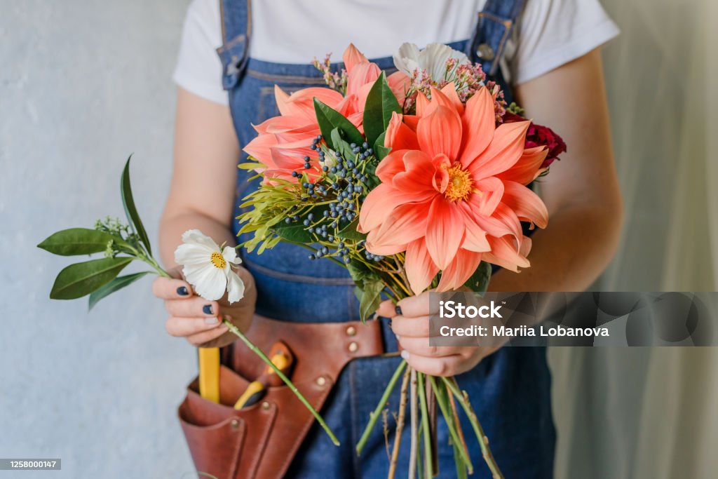 assorted flowers prepaired for bouqet Woman making a bouquet from fresh garden peonies. Creating a spring bouquet with red and oprange flowers. Adult Stock Photo