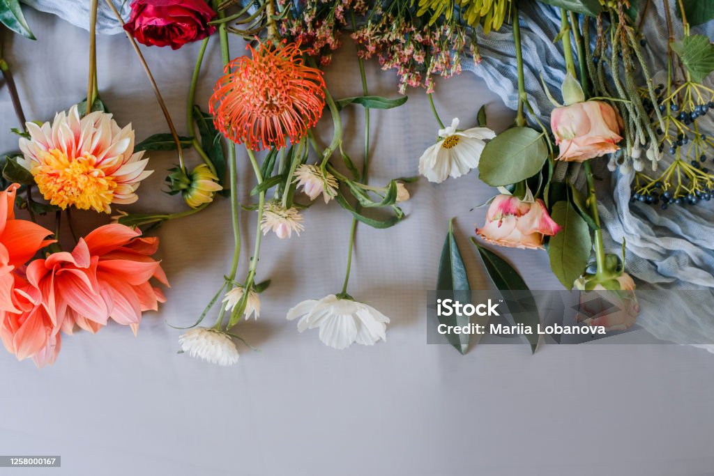 assorted flowers prepaired for bouqet Nice floral background with garden flowers. Bouquet preparation. Copy space Bouquet Stock Photo