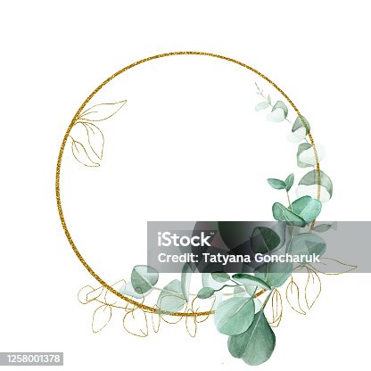 istock golden round frame with watercolor eucalyptus leaves and golden elements isolated on white background. clipart for weddings, invitations, cards. vintage style place for text, monogram 1258001378