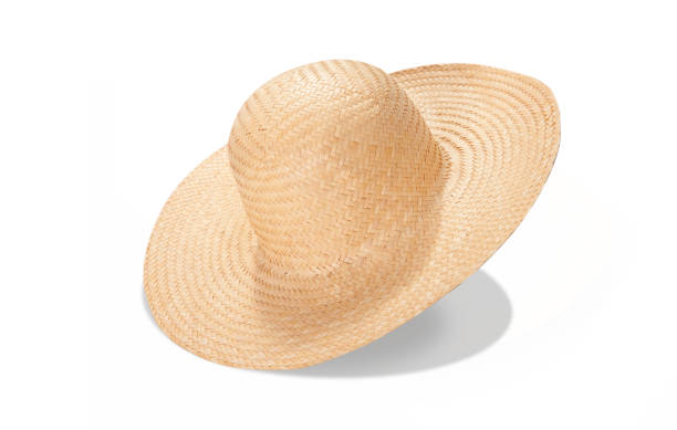 istock Pretty straw hat with ribbon and bow on white background. Beach hat top view isolated 1258002354