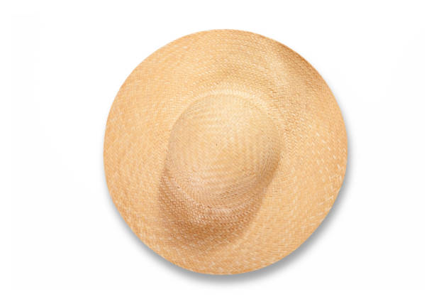 istock Pretty straw hat with ribbon and bow on white background. Beach hat top view isolated 1258002359