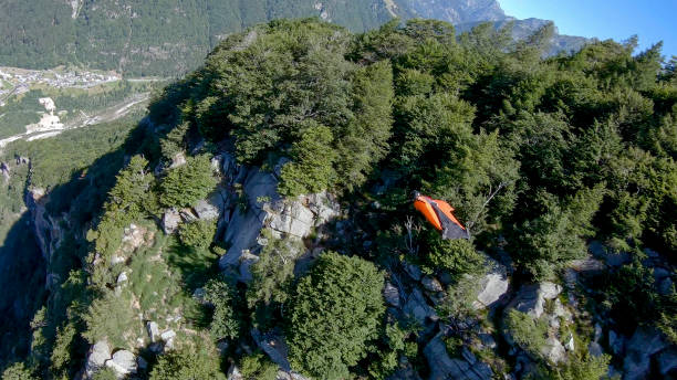 istock Wingsuit flier soars above mountain landscape 1258002413