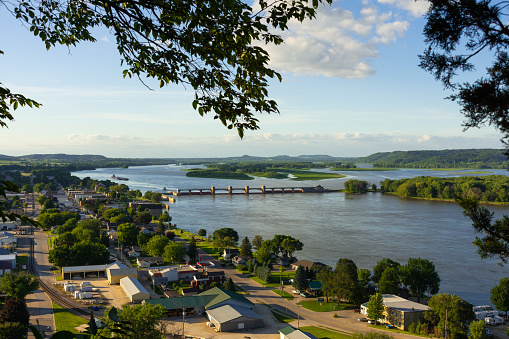 Overlooking the town of Bellevue and the Mississippi River on a Summer afternoon.  Bellevue, Iowa, USA