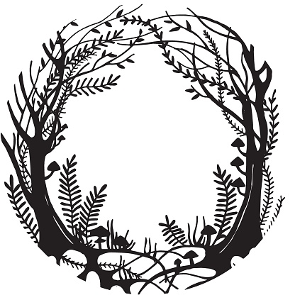 vector black and white illustration. round frame magic forest, mysticism, fairy forest with trees, herbs and mushrooms. design for halloween, fairy tales, postcards. vignette for text. silhouette