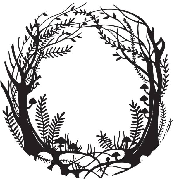 vector black and white illustration. round frame magic forest, mysticism, fairy forest with trees, herbs and mushrooms. design for halloween, fairy tales, postcards. vignette for text. silhouette vector black and white illustration. round frame magic forest, mysticism, fairy forest with trees, herbs and mushrooms. design for halloween, fairy tales, postcards. vignette for text. silhouette tree borders stock illustrations