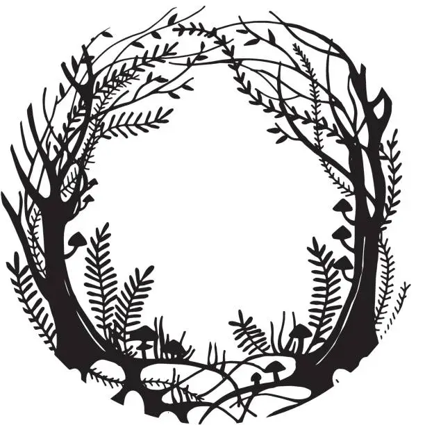 Vector illustration of vector black and white illustration. round frame magic forest, mysticism, fairy forest with trees, herbs and mushrooms. design for halloween, fairy tales, postcards. vignette for text. silhouette