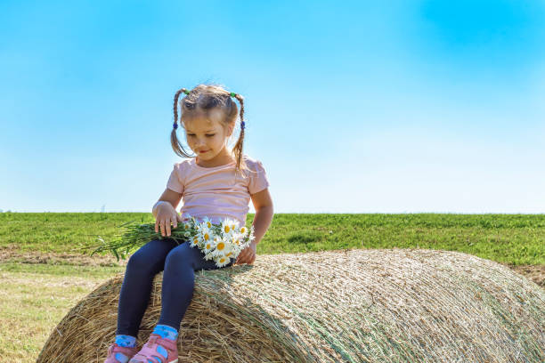 istock little girl with daisies on a haystack 1258004374