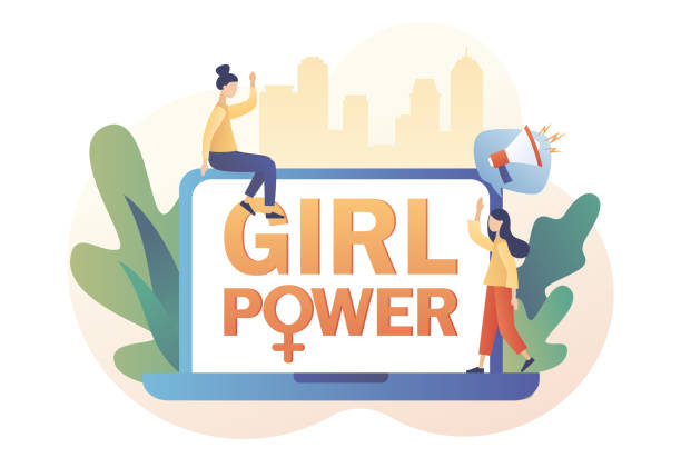 istock Tiny girls use laptop on whose screen Girl power text and female gender symbol. Feminism concept. International Women's Day. Modern flat cartoon style. Vector illustration on white background 1258007693